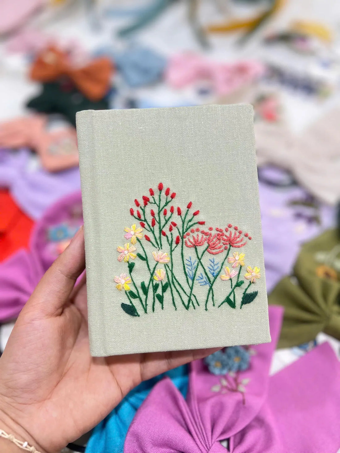 Sage Linen Journal with Scattered Wildflowers by The Thread Nest, hand-embroidered linen cover, photo 1