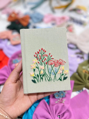 Sage Linen Journal with Scattered Wildflowers by The Thread Nest, hand-embroidered linen cover, photo 1