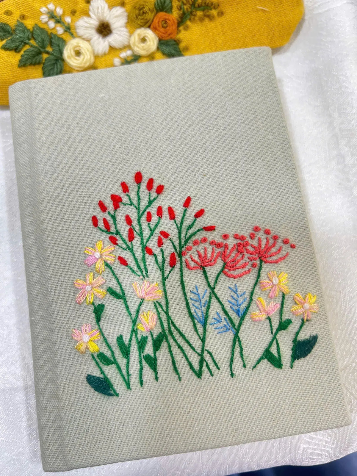 Sage Linen Journal with Scattered Wildflowers by The Thread Nest, hand-embroidered linen cover, photo 4