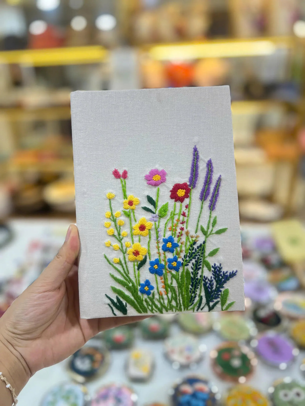 White Linen Journal with Colourful Wildflowers by The Thread Nest, hand-embroidered linen cover, photo 1