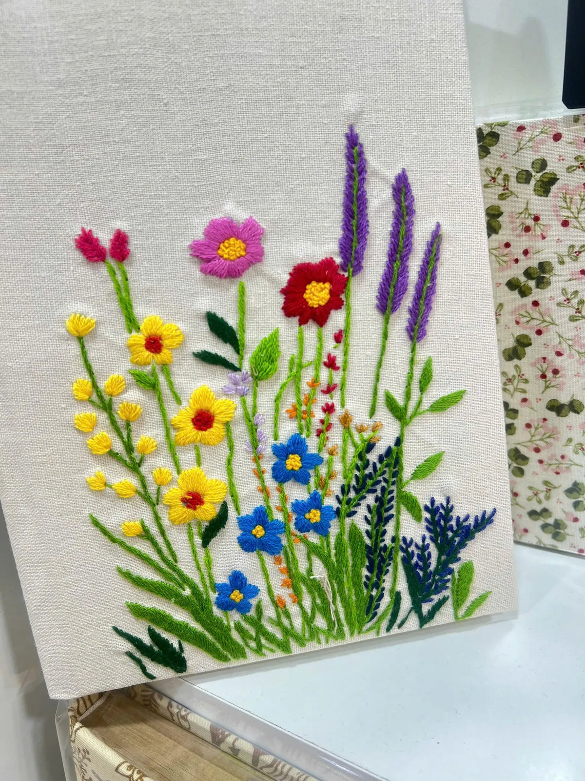 White Linen Journal with Colourful Wildflowers by The Thread Nest, hand-embroidered linen cover, photo 3