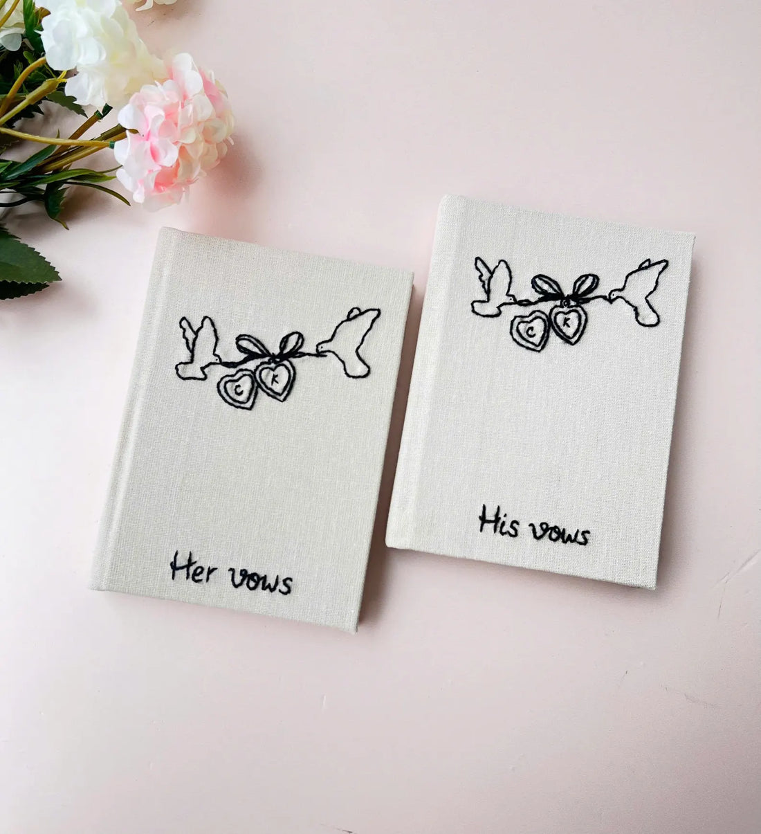 Doves & Lockets Vow Book, Hand-Embroidered by The Thread Nest, hand-embroidered linen cover, photo 1