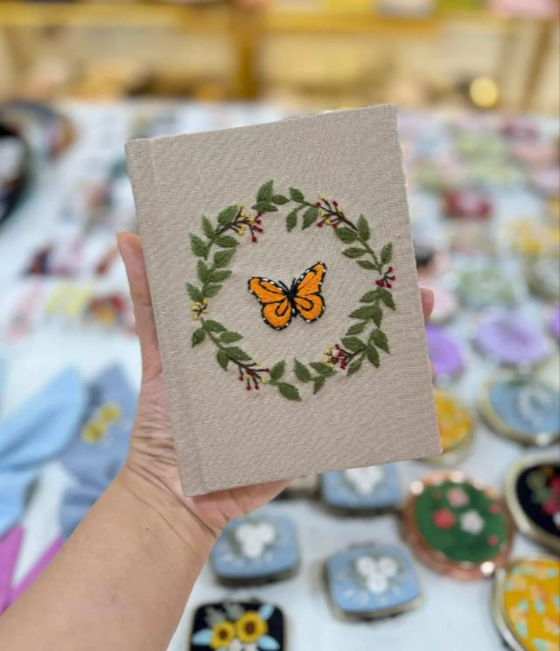 Monarch Butterfly Wreath Journal, A5 or A6 by The Thread Nest, hand-embroidered linen cover, photo 1