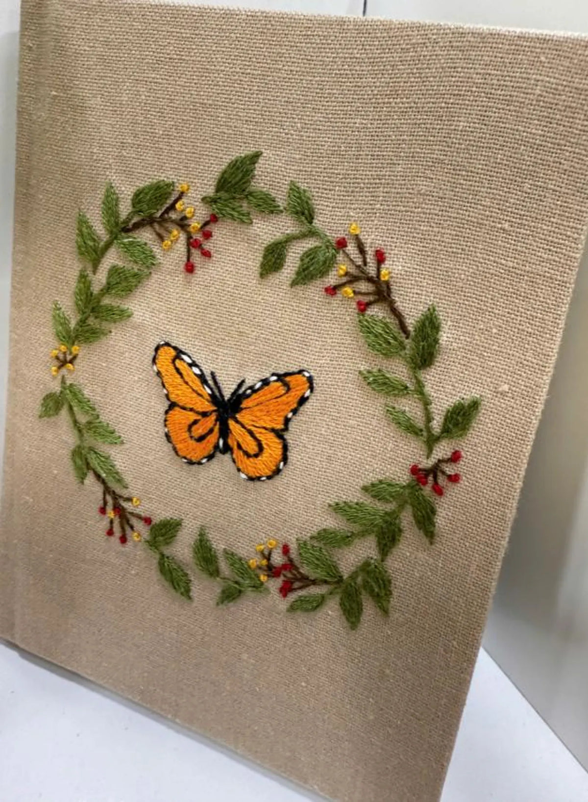 Monarch Butterfly Wreath Journal, A5 or A6 by The Thread Nest, hand-embroidered linen cover, photo 5