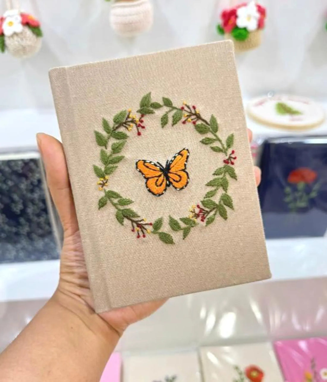 Monarch Butterfly Wreath Journal, A5 or A6 by The Thread Nest, hand-embroidered linen cover, photo 1