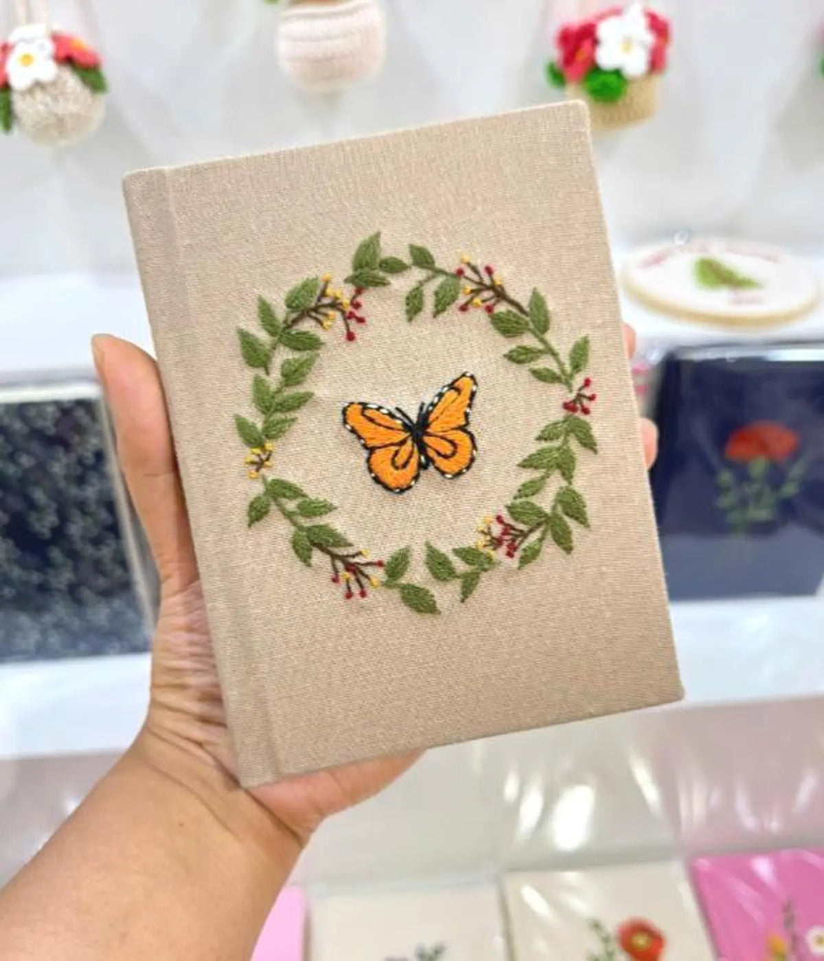 Monarch Butterfly Wreath Journal, A5 or A6 by The Thread Nest, hand-embroidered linen cover, photo 1