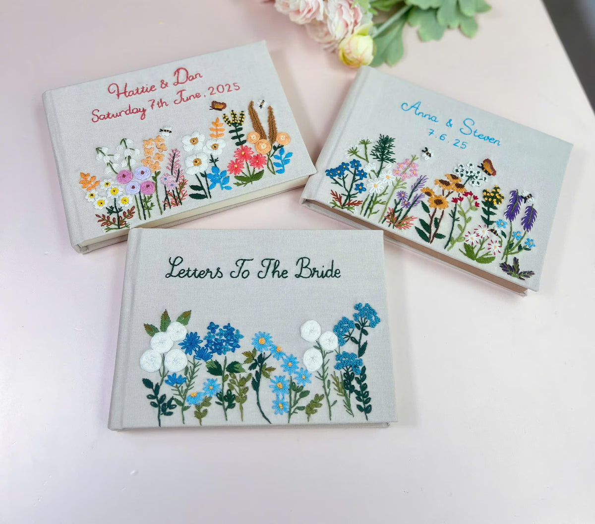 Personalised Guest Book, Your Own Words by The Thread Nest, hand-embroidered linen cover, photo 6