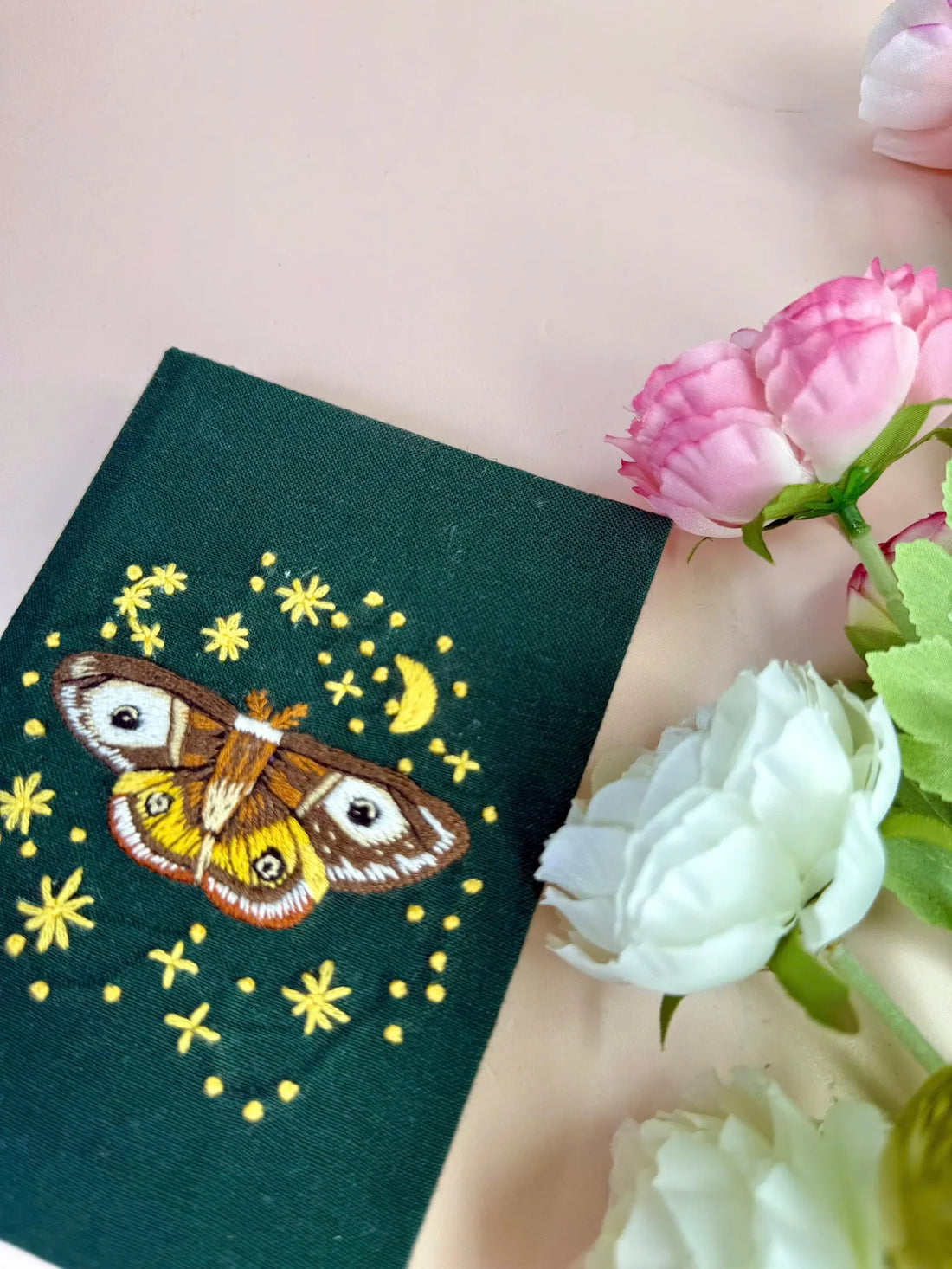 Luna Moth & Crescent Moon Journal, A5 or A6 by The Thread Nest, hand-embroidered linen cover, photo 1