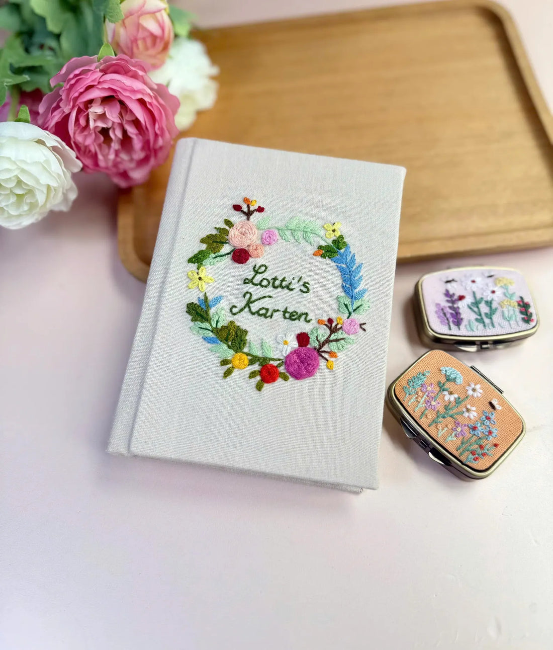 Autumn Flower Wreath Journal, A5 or A6 by The Thread Nest, hand-embroidered linen cover, photo 1