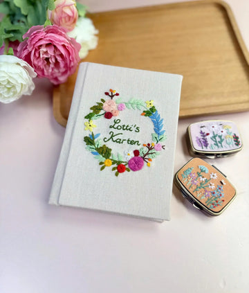 Autumn Flower Wreath Journal, A5 or A6 by The Thread Nest, hand-embroidered linen cover, photo 1