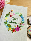 Autumn Flower Wreath Journal, A5 or A6 by The Thread Nest, hand-embroidered linen cover, photo 3
