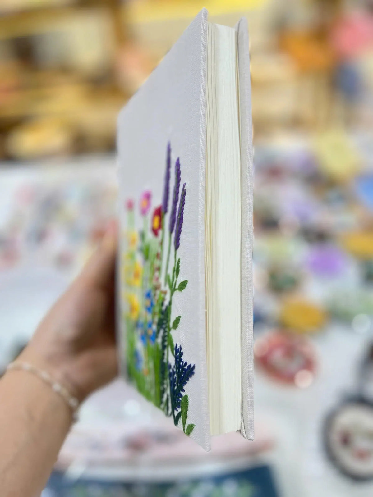 White Linen Journal with Colourful Wildflowers by The Thread Nest, hand-embroidered linen cover, photo 5