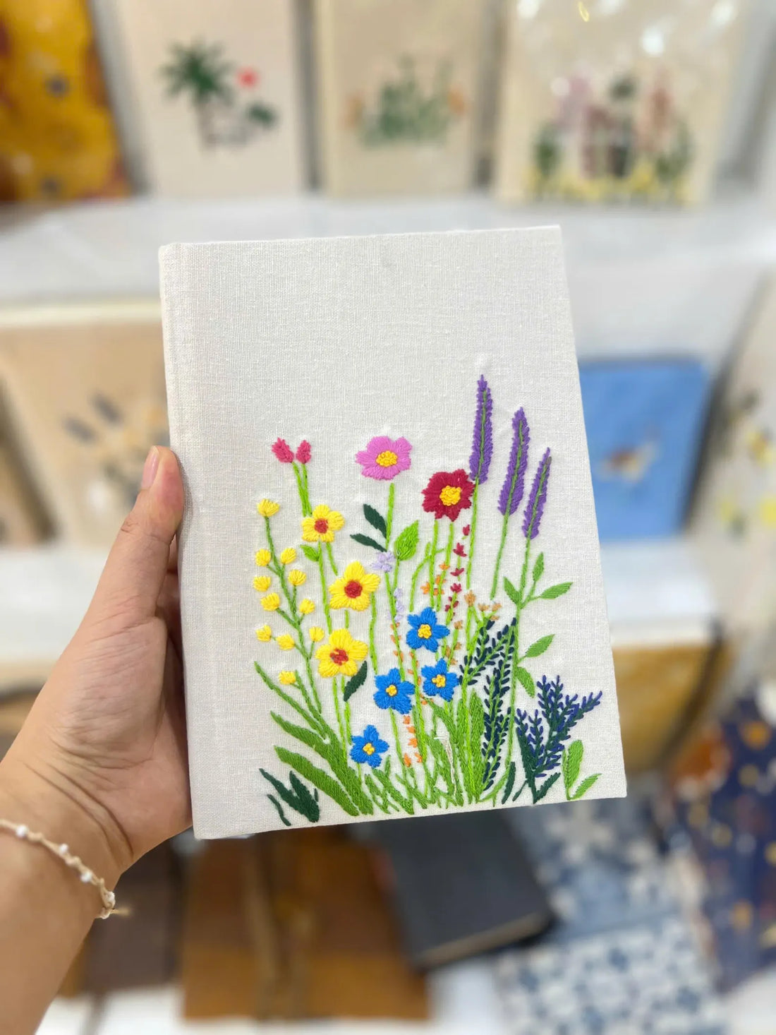 White Linen Journal with Colourful Wildflowers by The Thread Nest, hand-embroidered linen cover, photo 1