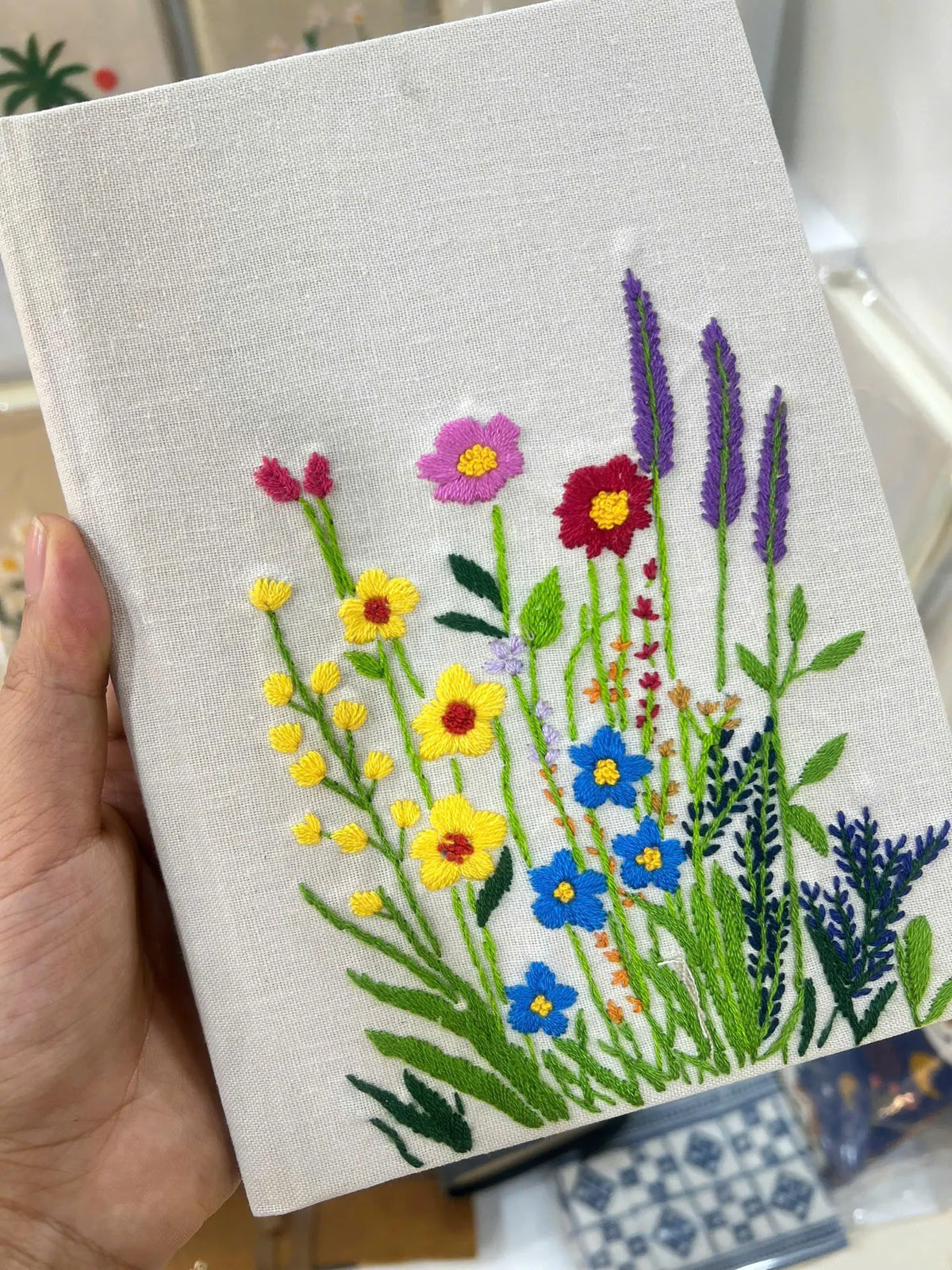 White Linen Journal with Colourful Wildflowers by The Thread Nest, hand-embroidered linen cover, photo 4