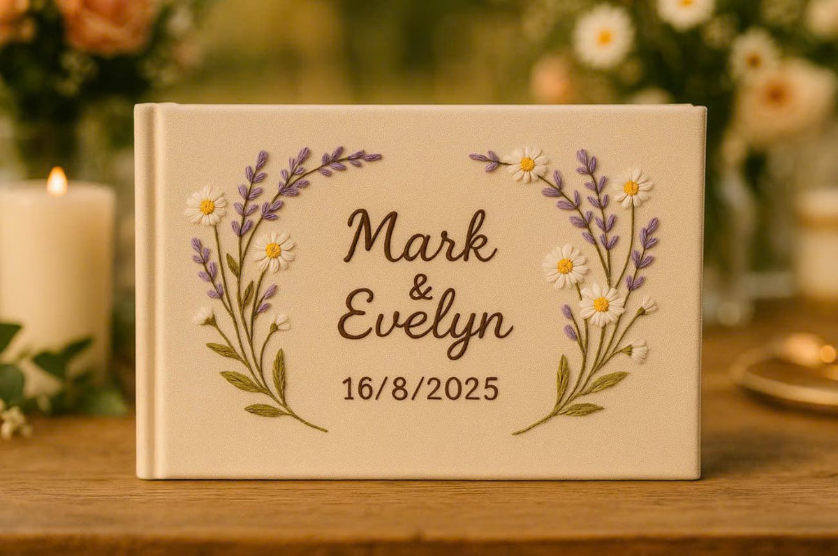 Wedding Guest Book with Names & Lavender by The Thread Nest, hand-embroidered linen cover, photo 2