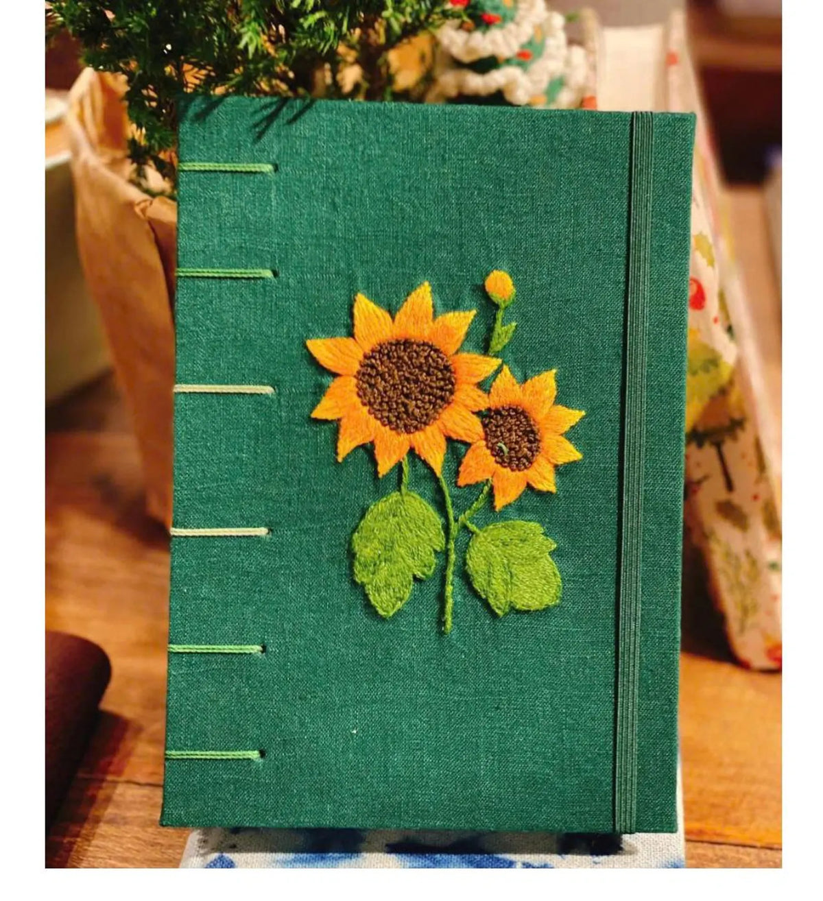 Sunflower Embroidered Journal A5, Exposed Spine by The Thread Nest, hand-embroidered linen cover, photo 1