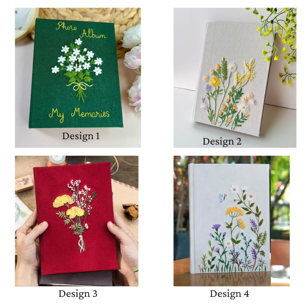 Four rectangular photo albums with embroidered floral designs — hand-embroidered by The Thread Nest