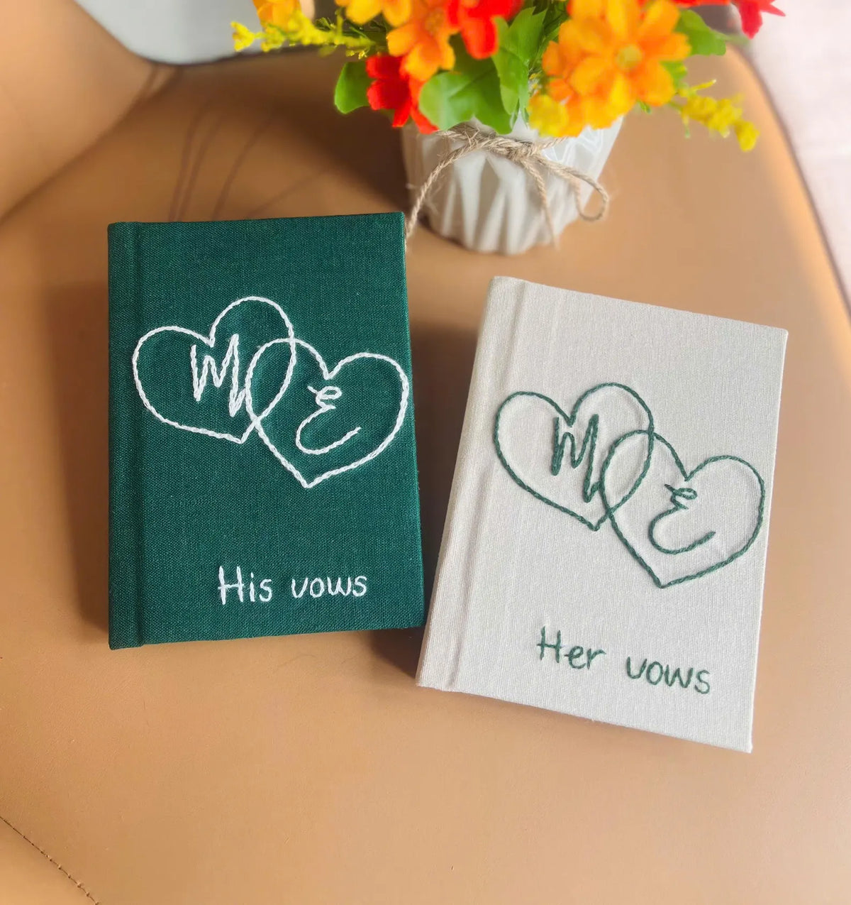 Doves & Lockets Vow Book, Hand-Embroidered by The Thread Nest, hand-embroidered linen cover, photo 3