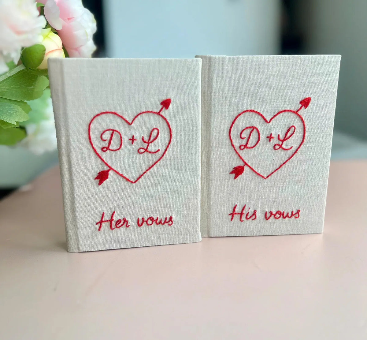 Doves & Lockets Vow Book, Hand-Embroidered by The Thread Nest, hand-embroidered linen cover, photo 4