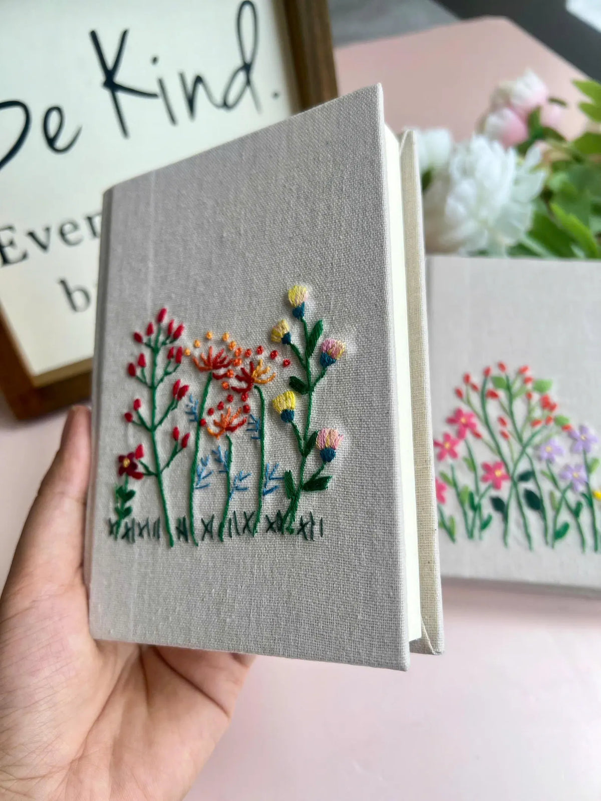Hand-Embroidered Wildflower Journal, Personalised by The Thread Nest, hand-embroidered linen cover, photo 3