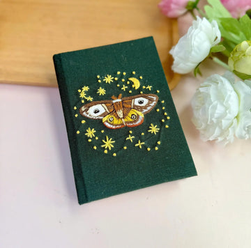 Luna Moth & Crescent Moon Journal, A5 or A6 by The Thread Nest, hand-embroidered linen cover, photo 1