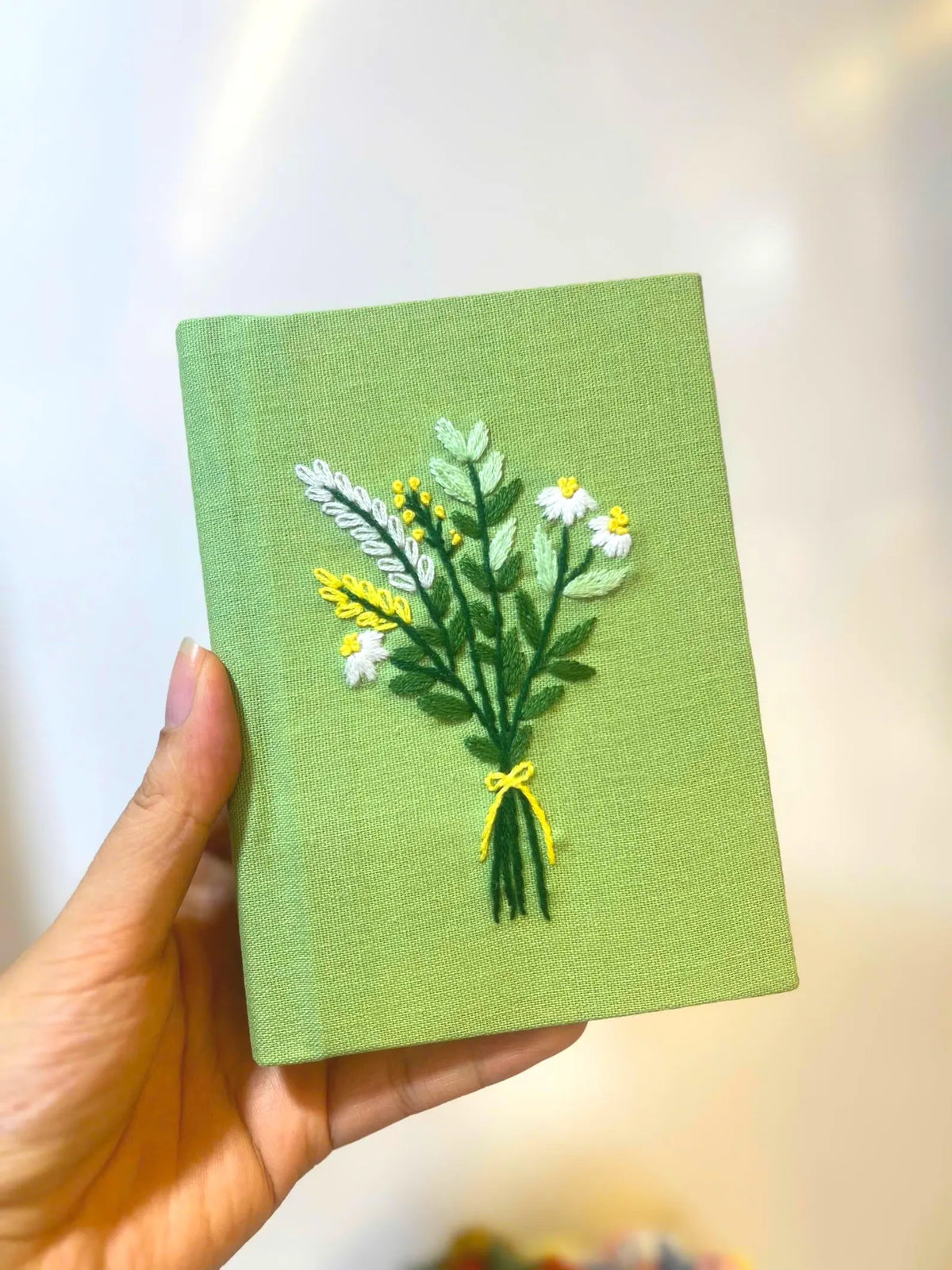 Daisy Posy Journal, Green or Burgundy by The Thread Nest, hand-embroidered linen cover, photo 1