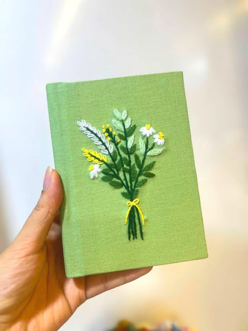 Daisy Posy Journal, Green or Burgundy by The Thread Nest, hand-embroidered linen cover, photo 1