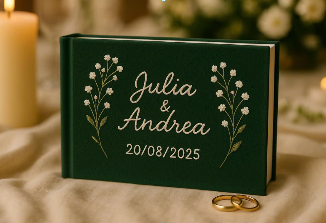 Dark Green Guest Book with Names in White by The Thread Nest, hand-embroidered linen cover, photo 1