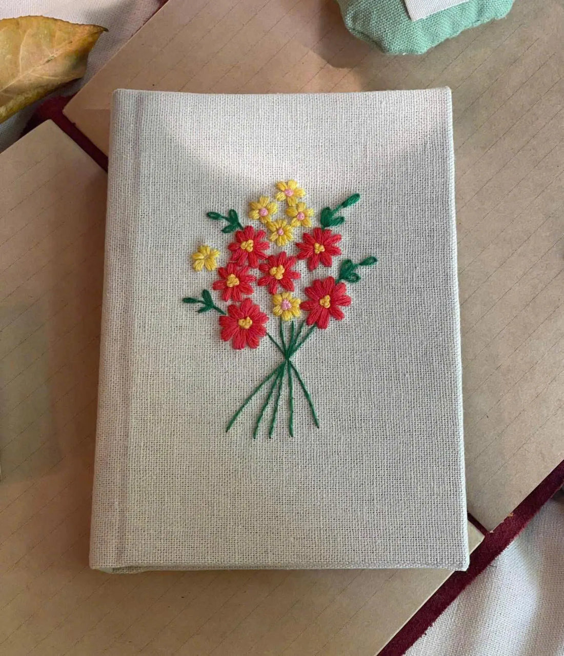 Wildflower Posy Journal, A5 or A6 by The Thread Nest, hand-embroidered linen cover, photo 1