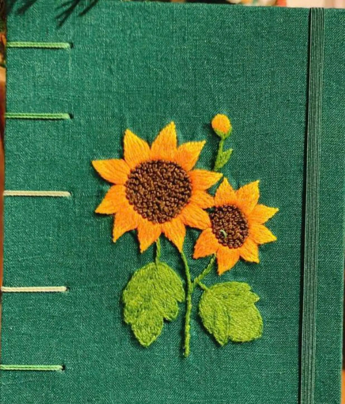 Sunflower Embroidered Journal A5, Exposed Spine by The Thread Nest, hand-embroidered linen cover, photo 1