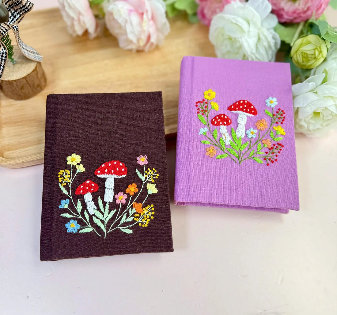 Red Mushroom Embroidered Journal, A5 or A6 by The Thread Nest, hand-embroidered linen cover, photo 1