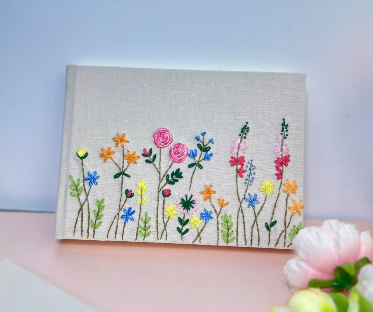 Wildflower Memory Book, Personalised by The Thread Nest, hand-embroidered linen cover, photo 4