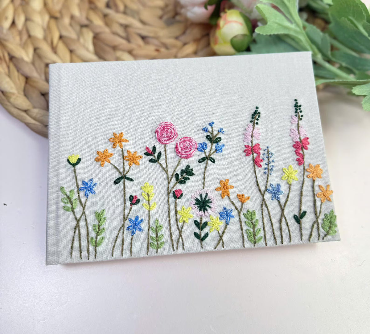 Wildflower Memory Book, Personalised by The Thread Nest, hand-embroidered linen cover, photo 3