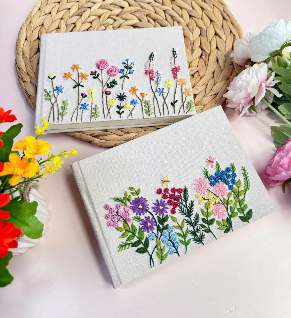 Poppy & Rose Wildflower Notebook by The Thread Nest, hand-embroidered linen cover, photo 1