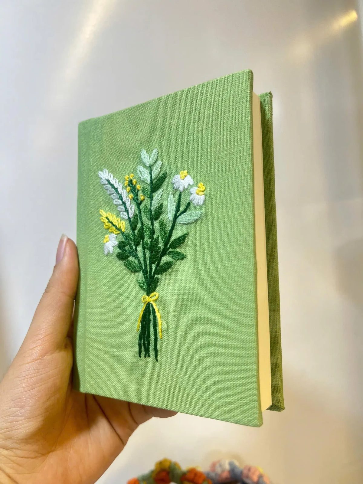 Daisy Posy Journal, Green or Burgundy by The Thread Nest, hand-embroidered linen cover, photo 3