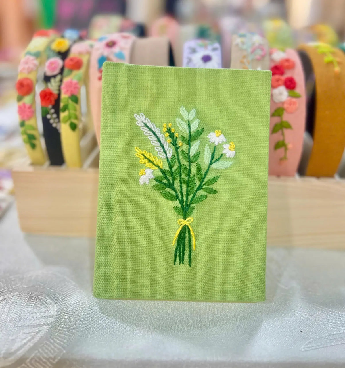 Daisy Posy Journal, Green or Burgundy by The Thread Nest, hand-embroidered linen cover, photo 2