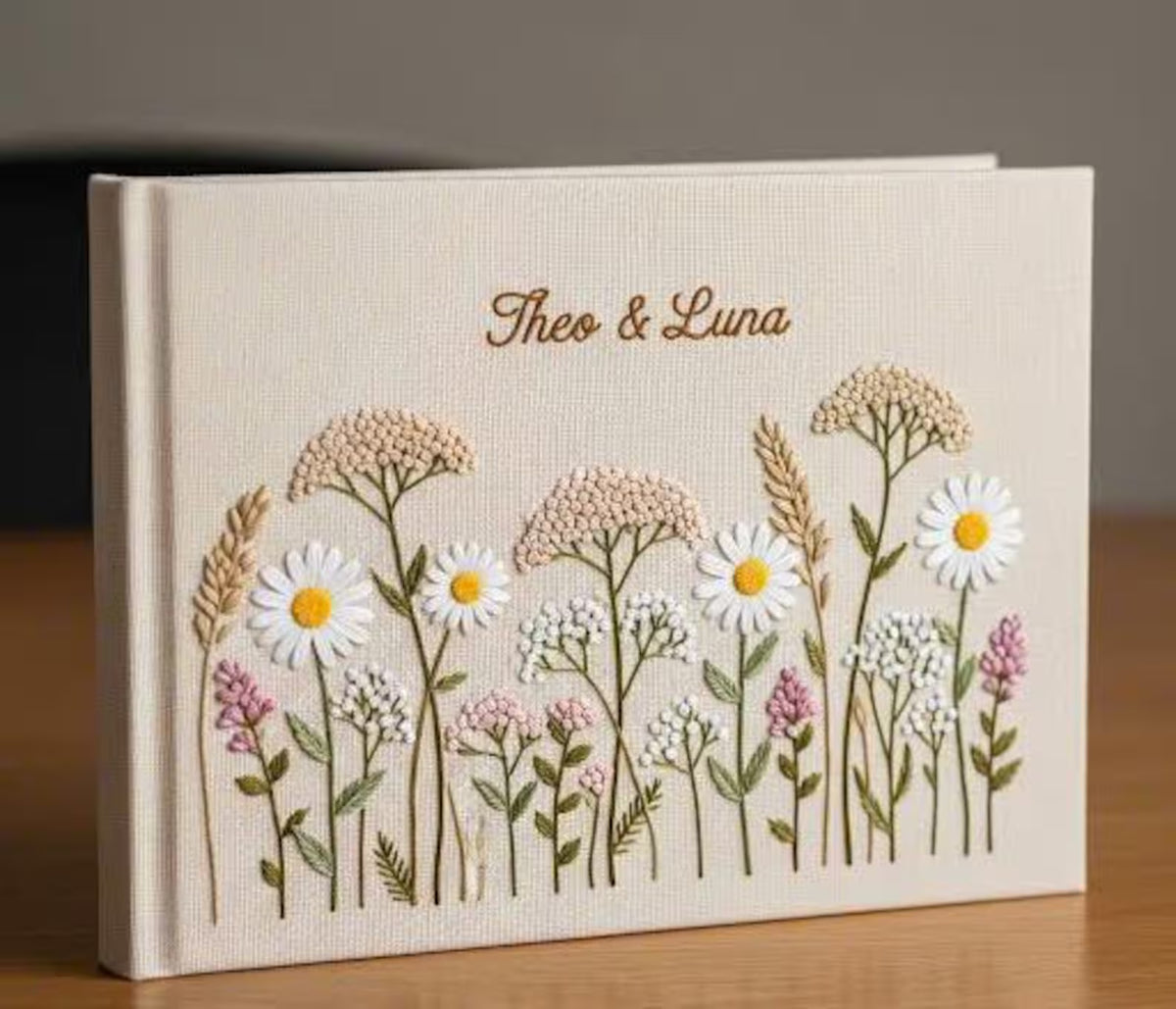 Wildflower & Daisy Guest Book, Personalised by The Thread Nest, hand-embroidered linen cover, photo 7
