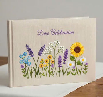 Wildflower & Daisy Guest Book, Personalised by The Thread Nest, hand-embroidered linen cover, photo 1