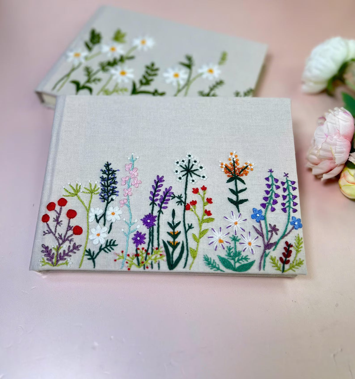 Wildflower & Daisy Guest Book, Personalised by The Thread Nest, hand-embroidered linen cover, photo 3