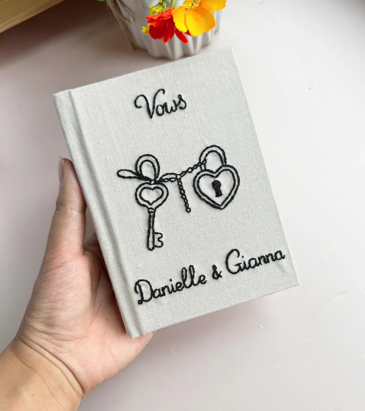 His & Her Vows Book, Black on White Linen by The Thread Nest, hand-embroidered linen cover, photo 1