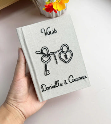 His & Her Vows Book, Black on White Linen by The Thread Nest, hand-embroidered linen cover, photo 1