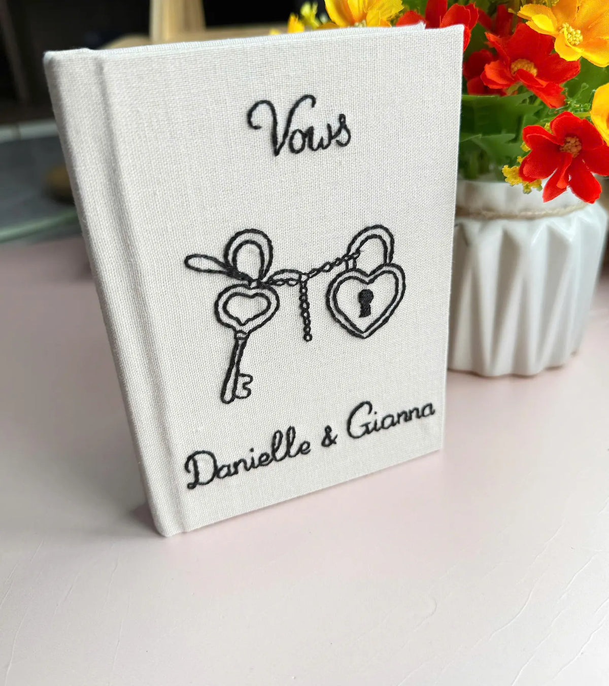 His & Her Vows Book, Black on White Linen by The Thread Nest, hand-embroidered linen cover, photo 2