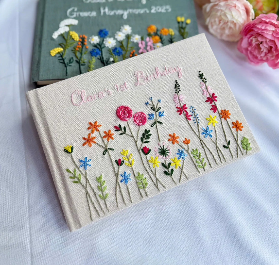 Wildflower Memory Book, Personalised by The Thread Nest, hand-embroidered linen cover, photo 1