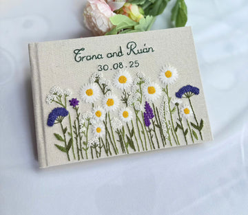 Little Moments, Big Memories Daisy Guest Book by The Thread Nest, hand-embroidered linen cover, photo 1