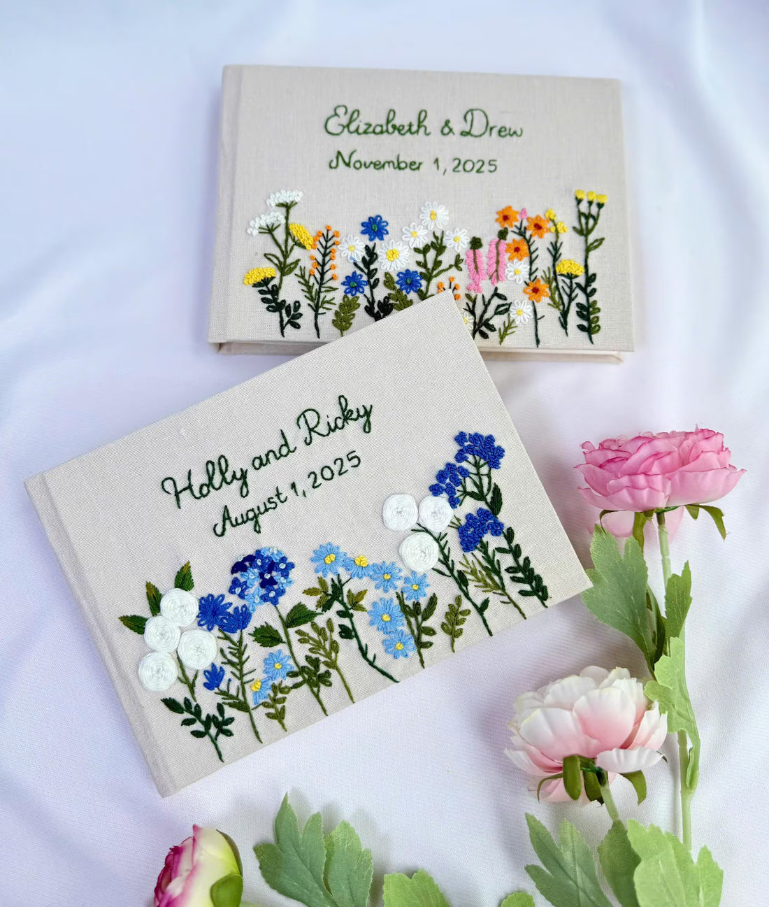 Personalised Wedding Guest Book, Names & Date by The Thread Nest, hand-embroidered linen cover, photo 1