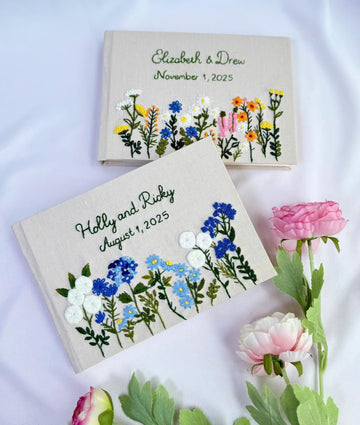 Personalised Wedding Guest Book, Names & Date by The Thread Nest, hand-embroidered linen cover, photo 1
