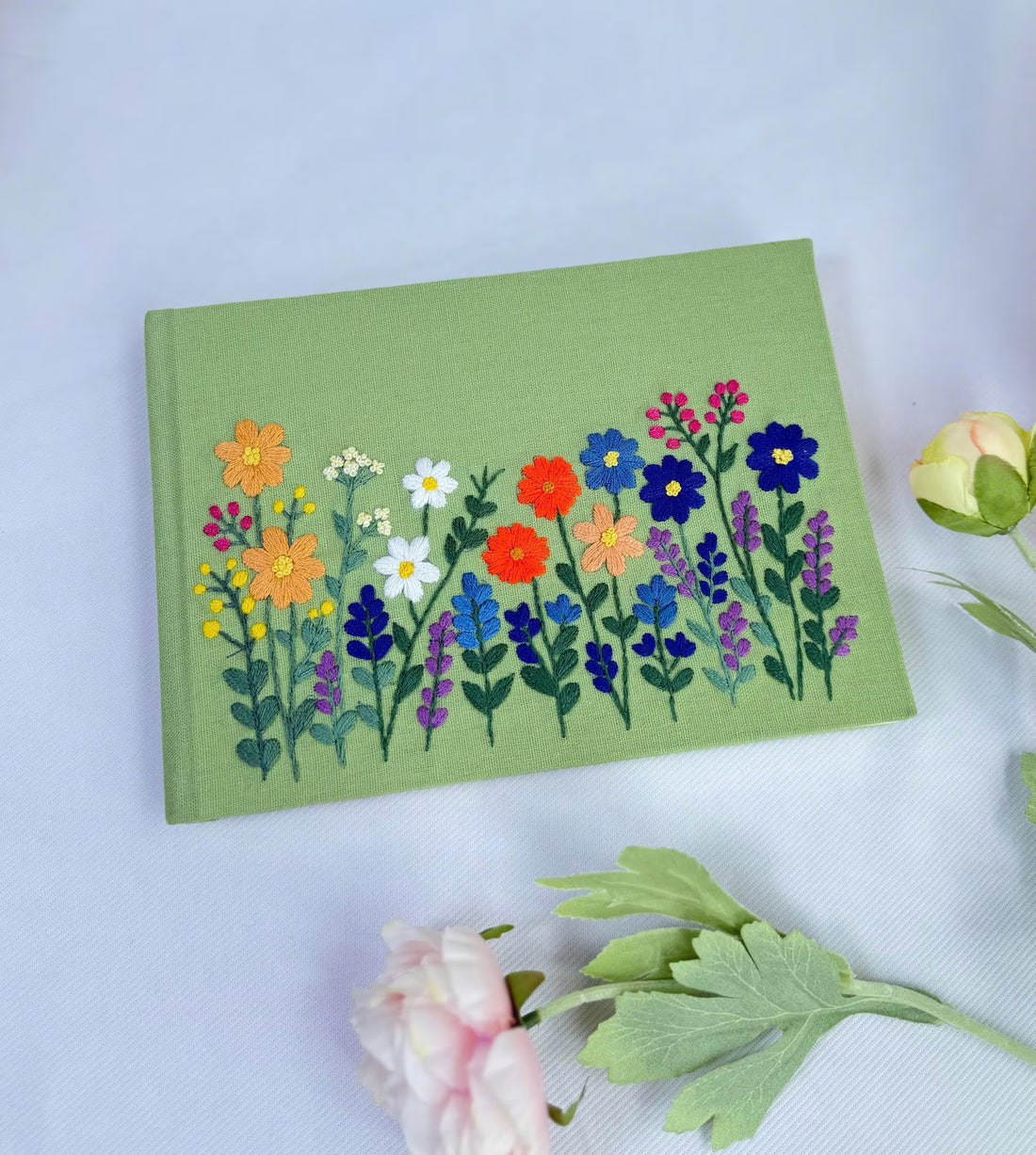 Green Linen Adventure Journal, Personalised by The Thread Nest, hand-embroidered linen cover, photo 1