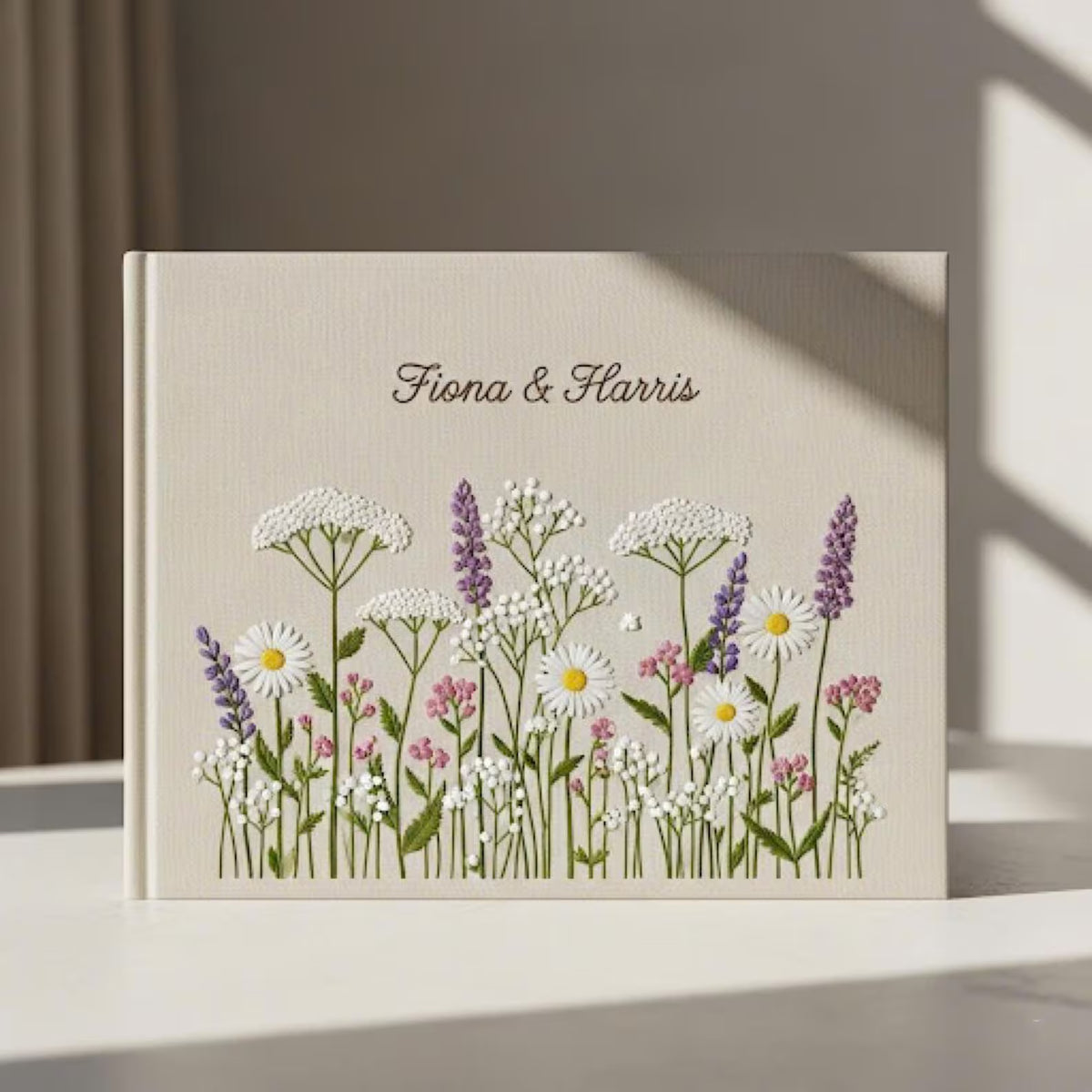 Wildflower & Daisy Guest Book, Personalised by The Thread Nest, hand-embroidered linen cover, photo 6