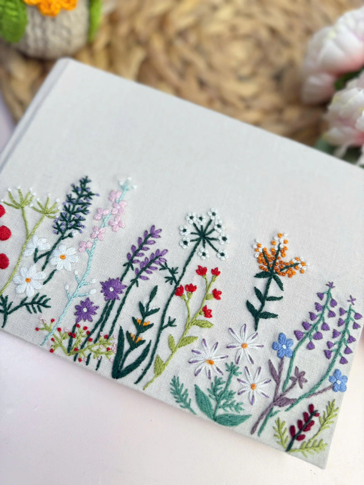 Wildflower & Daisy Guest Book, Personalised by The Thread Nest, hand-embroidered linen cover, photo 4