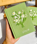White Bouquet Vow Book by The Thread Nest, hand-embroidered linen cover, photo 3